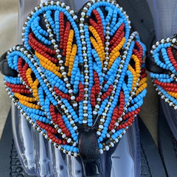 African Maasai Womens Leather Beaded Handcrafted Flat Sandals BOHO 8.5 Like New‍ - Picture 2 of 7